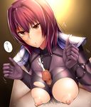  bodysuit breasts censored cum ejaculation erection fate/grand_order fate_(series) huge_breasts long_hair looking_at_viewer male_pubic_hair mosaic_censoring nipples paizuri pauldrons penis pubic_hair puffy_nipples purple_bodysuit purple_hair red_eyes scathach_(fate)_(all) scathach_(fate/grand_order) solo_focus taguchi_takahiro 