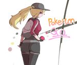  1girl ass baseball_cap blonde_hair blue_eyes breasts female_protagonist_(pokemon_go) fingerless_gloves from_behind gloves haryu_moe hat holding_poke_ball long_hair pantyhose poke_ball pokemon pokemon_go ponytail shorts sideboob simple_background smile solo white_background 