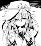  =3 ai_takurou bangs blush buttons closed_mouth collarbone double_v eyebrows eyebrows_visible_through_hair flat_cap greyscale hair_between_eyes hammer_and_sickle hat hibiki_(kantai_collection) kantai_collection long_hair long_sleeves looking_at_viewer monochrome school_uniform serafuku sidelocks sketch smile solo sparkle star two-tone_background upper_body v verniy_(kantai_collection) 