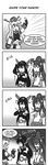  4koma :d admiral_paru comic commentary detached_sleeves elbow_gloves english english_commentary gloom_(expression) gloves greyscale hand_up headgear highres iowa_(kantai_collection) kantai_collection long_hair monochrome multiple_girls nagato_(kantai_collection) navel open_mouth pleated_skirt ponytail skirt smile v_arms yamato_(kantai_collection) younger 
