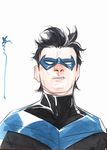  1boy artist_signature batman_(series) black_hair bodysuit dc_comics dick_grayson domino_mask dustin_nguyen male_focus mask nightwing simple_background solo 