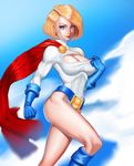  belt blonde_hair blue_eyes blue_gloves boots breasts cape cleavage cleavage_cutout daft_v_lim dc_comics flying gloves highres large_breasts leotard looking_at_viewer midair power_girl short_hair smile solo superhero 