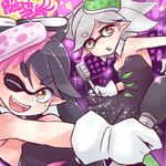  2girls :o aori_(splatoon) bangs brown_eyes detached_collar domino_mask dress earrings fangs food food_on_head gloves holding hotaru_(splatoon) jewelry kitayama_miuki long_hair looking_at_viewer mask microphone mole mole_under_eye multiple_girls object_on_head one_eye_closed open_mouth pantyhose pointy_ears short_dress short_hair short_jumpsuit smile splatoon_(series) splatoon_1 standing swept_bangs tentacle_hair white_gloves 