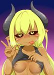  :3 alacarte black_sclera blonde_hair blush breasts dark_skin demon_girl demon_horns highres horns long_hair looking_at_viewer nipple_piercing original piercing pointy_ears skirt skirt_lift small_breasts solo succubus sweat tank_top tongue tongue_out upper_body yellow_eyes 