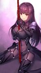 between_breasts bodysuit breasts covered_navel fate/grand_order fate_(series) gae_bolg highres large_breasts legs long_hair looking_at_viewer pauldrons polearm purple_bodysuit purple_hair red_eyes scathach_(fate)_(all) scathach_(fate/grand_order) sexually_suggestive shouhei sitting smile solo spear thighs weapon 