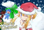  1girl bangs bare_shoulders blonde_hair blue_eyes bun capcom character_doll christmas hair_between_eyes hat long_hair merry_christmas one_eye_closed r6kuuck2 rockman rockman_(classic) roll sack santa_costume santa_hat sidelocks smile snow snowing solo 