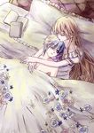  1boy 1girl age_difference bed blonde_hair blue_eyes blue_hair book child collarbone earrings eyes_closed flower height_difference hug livius_orvinus_ifriqiyah long_hair lying lying_on_person nike_remercier ojon one_eye_closed open_mouth pillow soredemo_sekai_wa_utsukushii teenage_girl_and_younger_boy 