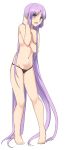  1girl absurdly_long_hair arm_up bangs bare_shoulders barefoot black_panties blush breasts commentary_request covering covering_breasts erect_nipples eyebrows_visible_through_hair fang fate/grand_order fate_(series) full_body hand_in_hair highres long_hair looking_at_viewer meltlilith navel open_mouth panties purple_eyes purple_hair shiseki_hirame simple_background small_breasts solo standing topless underwear very_long_hair white_background 