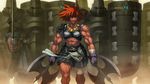  1girl abs alice_soft armor axe boots dark_skin double_bladed_axe female gloves knight minerva_margaret muscle rance09:_the_helman_revolution rance_(series) red_hair scar skirt weapon 