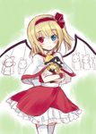  alice_margatroid ascot blonde_hair blue_eyes blush bow capelet character_doll cosplay cowboy_shot doll_hug dress flandre_scarlet flandre_scarlet_(cosplay) hair_bow hairband heterochromia kirisame_marisa lolita_hairband looking_at_viewer minamura_haruki pointy_ears red_bow red_dress red_eyes sash side_ponytail smile solo thighhighs touhou white_legwear wings 