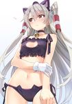  3: amatsukaze_(kantai_collection) bell bell_choker black_bra black_panties blush bra breasts brown_eyes cat_cutout cat_lingerie choker cleavage_cutout gloves hat heart jingle_bell kantai_collection long_hair meme_attire navel panties revision side-tie_panties silver_hair simple_background single_glove small_breasts solo sweatdrop two_side_up underwear underwear_only v-shaped_eyebrows white_background white_gloves yahako 
