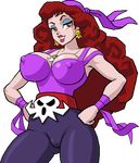  1girl bandanna breasts cleavage earrings erect_nipples eyeshadow grin large_breasts lipstick looking_at_viewer necklace red_eyes red_hair smile solo standing wario_land 