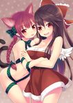  :d alternate_costume animal_ears bare_shoulders black_hair blush bow braid breasts cat_ears cat_tail cleavage collarbone dress extra_ears fur_trim green_bow green_ribbon hair_bow hug kaenbyou_rin long_hair looking_at_viewer medium_breasts minamura_haruki multiple_girls multiple_tails naked_ribbon navel nekomata open_mouth pointy_ears red_bow red_dress red_eyes red_hair reiuji_utsuho ribbon santa_costume sash short_dress smile strapless strapless_dress tail tongue tongue_out touhou twin_braids two_tails white_wings wings 