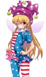 absurdres american_flag_dress american_flag_legwear bad_id bad_pixiv_id blonde_hair blush breasts closed_mouth clownpiece cowboy_shot dress dress_lift fairy_wings hair_between_eyes hat highres jester_cap lifted_by_self long_hair looking_at_viewer neck_ruff nekozuwa one_eye_closed pantyhose polka_dot purple_eyes short_dress short_sleeves simple_background small_breasts smile solo standing star star_print striped striped_legwear touhou very_long_hair white_background wings 