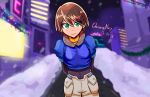  1girl aile arms_behind_back artist_name bangs brown_hair chineseninja cowboy_shot dated eyebrows_visible_through_hair green_eyes highres looking_at_viewer pocket puffy_short_sleeves puffy_sleeves rockman rockman_zx short_hair short_sleeves smile snow snowing solo 