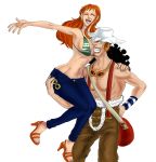  1boy 1girl bikini breast_smother breasts cleavage large_breasts nami_(one_piece) orange_hair smile swimsuit usopp 