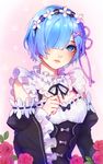  arm_at_side black_dress blue_eyes blue_hair breasts collar detached_collar detached_sleeves dress floral_background flower frilled_shirt_collar frilled_sleeves frills hair_between_eyes hair_ornament hair_over_one_eye lips looking_at_viewer maid maid_headdress parted_lips pink_background re:zero_kara_hajimeru_isekai_seikatsu rem_(re:zero) rose ruuto-kun short_hair small_breasts solo upper_body wide_sleeves x_hair_ornament 