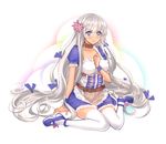  absurdres belt blue_eyes collar flower frills hair_flower hair_ornament highres long_hair looking_at_viewer onceskylark silver_hair sitting solo south_dakota_(zhan_jian_shao_nyu) tan thighhighs very_long_hair wariza wavy_mouth white_legwear zhan_jian_shao_nyu 