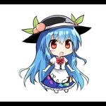  :o black_hat blue_dress blue_hair blush bow bowtie chibi commentary_request dress dress_shirt food frills fruit full_body hat hinanawi_tenshi leaf letterboxed long_hair peach puffy_short_sleeves puffy_sleeves rainbow_order red_bow red_eyes red_neckwear shirt short_sleeves solo touhou white_shirt yada_(xxxadaman) 