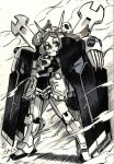  1girl alex_ahad bags_under_eyes bangs bloody_marie_(skullgirls) clenched_hands crossbone_gundam crossbone_gundam_x-1 crossover fin_funnels frills full_body fusion gundam hair_ornament highres horns maid_headdress marker_(medium) mecha_musume monochrome parted_bangs pauldrons pun serious signature skull_hair_ornament skullgirls solo standing traditional_media twintails 