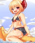  banana_boat bikini black_bikini blonde_hair hair_ribbon open_mouth red_eyes ribbon roro_(sghona10) rumia solo swimsuit touhou twisted_torso wet 