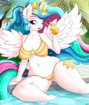  2016 anthro anthrofied bikini camel_toe clothing cutie_mark equine eyewear feathered_wings feathers female friendship_is_magic glass hair holding_object horn long_hair looking_at_viewer mammal multicolored_hair my_little_pony navel one_eye_closed open_mouth princess_celestia_(mlp) solo sunglasses swimsuit water winged_unicorn wings ziemniax 