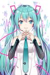  aqua_eyes aqua_hair aqua_nails aqua_neckwear blush breasts cable detached_sleeves fingers_together hair_ornament hatsune_miku headset long_hair looking_at_viewer mamemena nail_polish necktie open_mouth shirt small_breasts smile solo teeth twintails upper_body vocaloid 