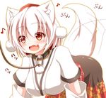  all_fours animal_ears bad_id bad_pixiv_id blush breasts collar detached_sleeves eighth_note fang hajime_(ak-r) hat inubashiri_momiji large_breasts leash long_skirt musical_note open_mouth pom_pom_(clothes) red_eyes short_hair silver_hair skirt solo tail tail_wagging tokin_hat touhou wolf_ears wolf_tail 