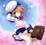  absurdres blanc blue_eyes brown_hair character_doll cherry_blossoms hat highres looking_at_viewer navel neptune_(series) one_eye_closed open_mouth petals ram_(choujigen_game_neptune) rom_(choujigen_game_neptune) school_uniform short_hair solo tsunako wind 