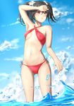  bikini black_hair breasts cloud cutie_panther day flower hair_flower hair_ornament highres long_hair love_live! love_live!_school_idol_project red_bikini red_eyes side-tie_bikini small_breasts solo standing sugi87 swimsuit twintails wading water yazawa_nico 