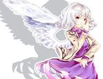  dress feathered_wings highres jacket kishin_sagume pose purple_dress shadow short_hair silver_hair single_wing smile solo touhou wings yilocity 