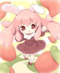  :d aikei_ake animal_ears arms_up bloomers blush bobby_socks brown_dress brown_footwear bunny_ears carrot chibi dress eyebrows eyebrows_visible_through_hair from_above full_body long_hair long_sleeves looking_at_viewer looking_up mary_janes open_mouth original pink_hair puffy_long_sleeves puffy_sleeves red_eyes shoes smile socks solo tareme underwear very_long_hair waving white_legwear yellow_background 