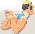  ass barefoot baseball_cap bikini black_hair brown_eyes feet flat_chest grin hat looking_back lying om_(nk2007) on_stomach short_hair smile soles solo swimsuit tan tanline toes yamaguchi_mika youkai_watch 
