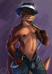 2016 abs anthro blue_eyes brown_fur clothed clothing fur hat jakensitou male mammal muscular muscular_male mustelid nipples otter pecs simple_background smile solo standing teeth 