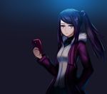  artist_request bangs black_hair cellphone closed_mouth expressionless fur_coat julianne_stingray long_hair phone purple_eyes sidelocks smartphone solo twintails va-11_hall-a 