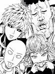  3boys bald black_sclera chin cleft_chin closed_eyes earrings eyebrows eyelashes facial_hair genos greyscale highres ink_(medium) jewelry lee_(dragon_garou) monochrome mouth_pull multiple_boys official_style one-punch_man open_mouth puri_puri_prisoner saitama_(one-punch_man) stubble stud_earrings tatsumaki tongue tongue_out traditional_media 