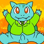  abstract_background balls bottomless bulbasaur claws clothed clothing cute cute_fangs green_skin male necktie nintendo nishi penis pok&eacute;mon red_eyes semi-anthro sitting slightly_chubby smile solo spread_legs spreading toe_claws video_games young 
