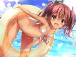  :d ass bikini blue_sky blush breasts brown_eyes brown_hair cloud cloudy_sky day fang hair_ribbon highres innertube kantai_collection leaning_forward libeccio_(kantai_collection) long_hair na!?_(naxtuyasai) navel open_mouth outdoors ribbon side-tie_bikini sky small_breasts smile solo star star_print summer sunlight swimsuit tan twintails water white_bikini 