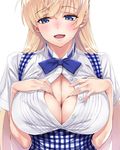  bangs blonde_hair blue_eyes blush bow bowtie breasts cleavage flipped_hair highres huge_breasts koubeya_uniform matsuryuu mayuri_mariani no_bra nose_blush open_clothes open_shirt original paizuri_invitation shirt simple_background skindentation smile solo unbuttoned underbust upper_body waitress white_background 