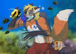  anthro board_shorts clothed clothing etsu_cuprumfox fish male marine outside snorkel solo standing underwater water 