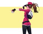  ass backpack bag baseball_cap breasts brown_hair cropped_jacket female_protagonist_(pokemon_go) fingerless_gloves from_side gloves hat highres holding holding_poke_ball leggings long_hair medium_breasts murakami_suigun outstretched_arm poke_ball pokemon pokemon_go pokemon_trainer ponytail profile solo 