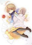  ahoge apple bag barufoa blonde_hair food fruit green_eyes laphicet_(tales) male_focus open_mouth simple_background solo star tales_of_(series) tales_of_berseria thighhighs white_background 