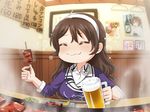  :3 ^_^ alcohol ashigara_(kantai_collection) beer blush brown_hair closed_eyes cup food fruit furutaka_(kantai_collection) hairband kantai_collection lemon long_hair meat mug nanodesu_(phrase) skewer solo sparkle tachiki_(naruki) translated upper_body vegetable 