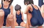  ass back bangs bare_shoulders barefoot black_hair blue_swimsuit blush breasts brown_eyes closed_eyes covered_navel eto from_behind hand_on_hip long_hair looking_back medium_breasts multiple_girls old_school_swimsuit one-piece_swimsuit original ponytail school_swimsuit short_hair sitting small_breasts smile squatting swimsuit wet 