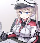  black_gloves blonde_hair blue_eyes breasts commentary_request eyebrows eyebrows_visible_through_hair gloves graf_zeppelin_(kantai_collection) hair_between_eyes hat iron_cross kantai_collection large_breasts long_hair military military_hat military_uniform pale_skin paper peaked_cap pen solo uniform xenonstriker 