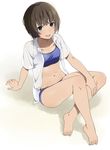  :d barefoot black_eyes blue_bra blue_panties bra brown_hair error full_body looking_at_viewer mattaku_mousuke midriff navel open_clothes open_mouth original panties short_hair simple_background sitting smile solo sports_bra swimsuit underwear wrong_feet 