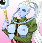  big_beasts blue_skin blush clothed clothing dragon_ball dragon_ball_super female gabrielhylianpok&eacute;master hair humanoid mammal not_furry purple_eyes simple_background solo sweat vados wand weapon white_hair 