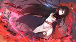  black_hair black_legwear breasts chinese copyright_name highres holding holding_sword holding_weapon long_hair medium_breasts red_eyes solo sword thighhighs translation_request very_long_hair weapon xiao_ren 