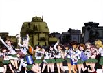  absurdres animal_ears anteater bag bike_shorts black_hair black_legwear black_shorts blonde_hair brown_eyes brown_hair cat_ears char_b1 closed_eyes collarbone dark_skin emblem eyepatch fake_animal_ears girls_und_panzer glasses gotou_moyoko green_eyes green_skirt grey_hair ground_vehicle hairband hand_on_hip handheld_game_console highres holding hoshino_(girls_und_panzer) index_finger_raised isobe_noriko kawanishi_shinobu kneehighs kondou_taeko konparu_nozomi leopon_(animal) long_hair midriff military military_vehicle momogaa motor_vehicle multiple_girls nakajima_(girls_und_panzer) navel nekonyaa official_art one_eye_closed ooarai_(emblem) ooarai_school_uniform pink_hairband piyotan pleated_skirt ponytail sasaki_akebi school_bag school_uniform shirt shorts shorts_under_skirt skirt socks sono_midoriko suzuki_(girls_und_panzer) tank tiger_(p) tsuchiya_(girls_und_panzer) type_3_chi-nu type_89_i-gou v white_shirt 