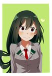  asui_tsuyu bangs black_hair blush boku_no_hero_academia breasts eyelashes hair_between_eyes hair_rings heart highres long_hair long_sleeves looking_away low-tied_long_hair mako_dai_ni-dai medium_breasts necktie red_neckwear school_uniform shirt simple_background solo u.a._school_uniform upper_body 